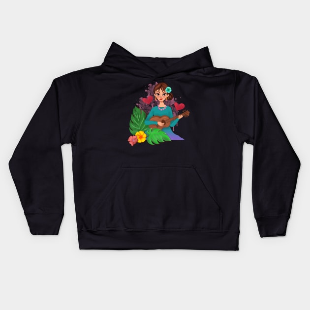 Girl playing a ukulele Kids Hoodie by PrintAmor